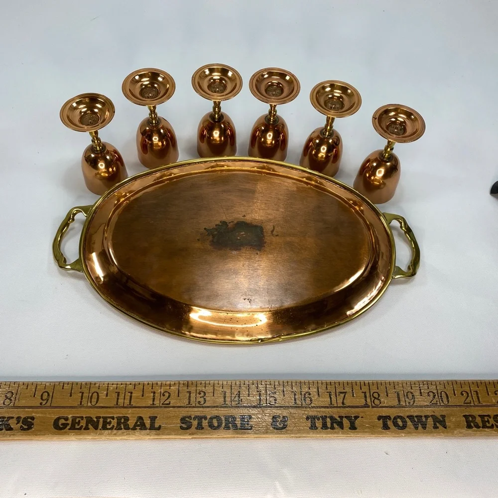 VTG Mexico Brass Copper Plate 6 Tequila Stem Cups & Oval Tray w Handles 11 x 7